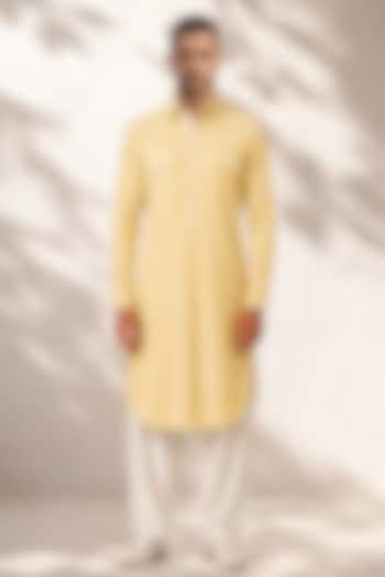 Yellow Cotton Silk Pathani Kurta Set by Bubber Couture at Pernia's Pop Up Shop