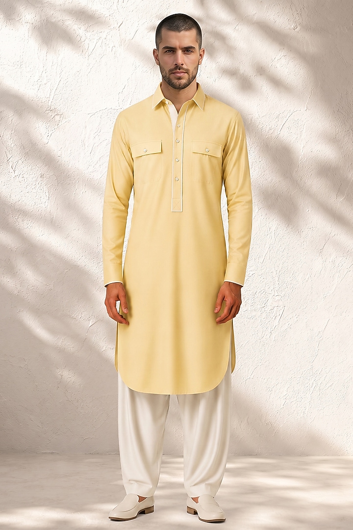 Yellow Cotton Silk Pathani Kurta Set by Bubber Couture at Pernia's Pop Up Shop