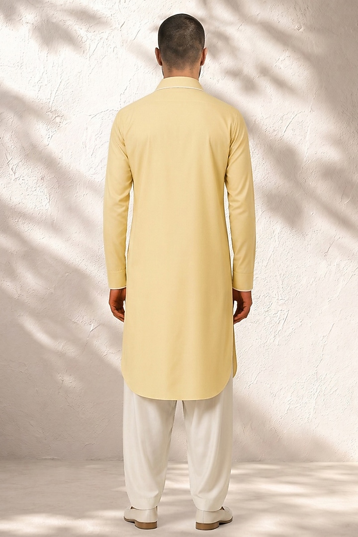 Yellow Cotton Silk Pathani Kurta Set by Bubber Couture at Pernia's Pop Up Shop