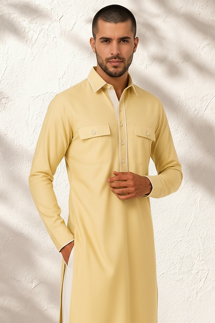 Yellow Cotton Silk Pathani Kurta Set by Bubber Couture at Pernia's Pop Up Shop