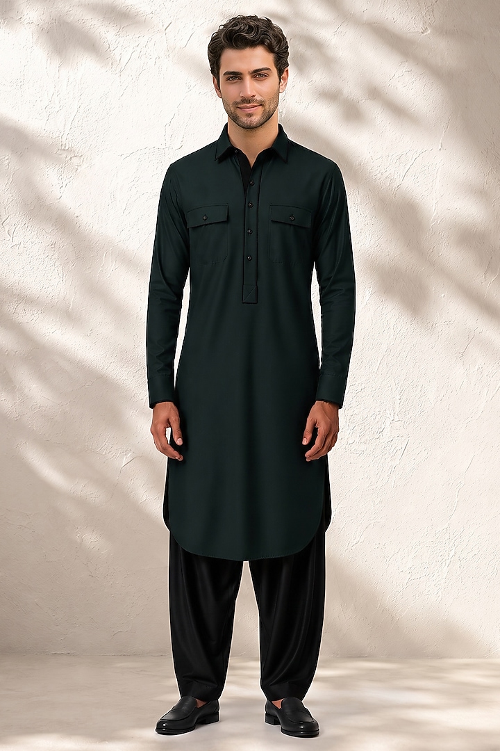 Green-Black Cotton Silk Pathani Kurta Set by Bubber Couture at Pernia's Pop Up Shop