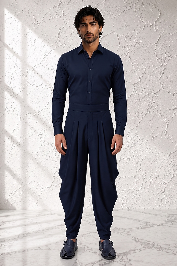 Navy Blue Cotton Silk Dhoti Pants by Bubber Couture at Pernia's Pop Up Shop