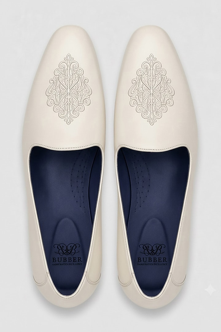 Off-White Italian Leather Embroidered Mojaris by Bubber Couture at Pernia's Pop Up Shop