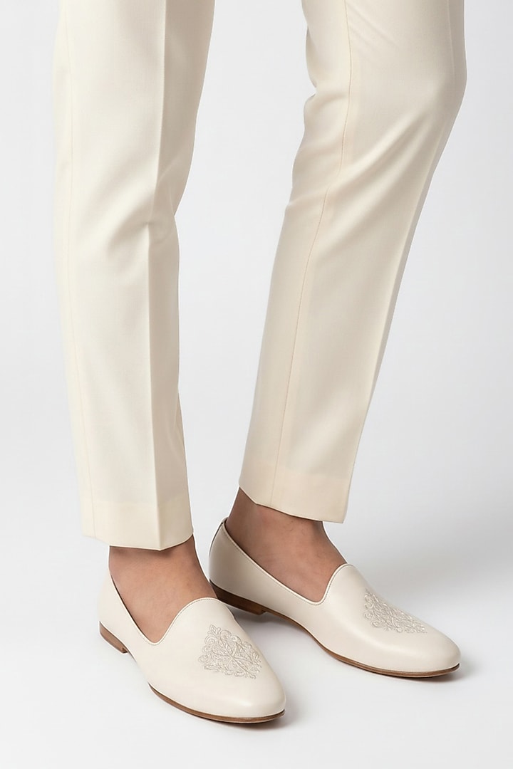 Off-White Italian Leather Embroidered Mojaris by Bubber Couture at Pernia's Pop Up Shop