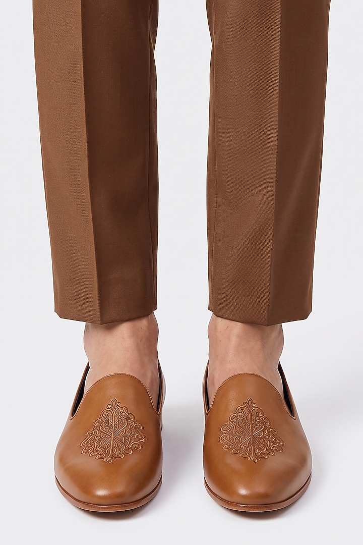 Tan Italian Leather Embroidered Mojaris by Bubber Couture at Pernia's Pop Up Shop