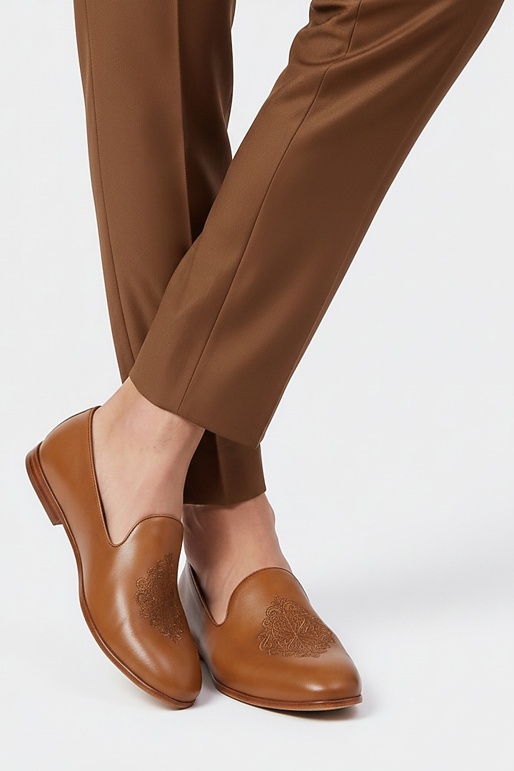 Tan Italian Leather Embroidered Mojaris by Bubber Couture at Pernia's Pop Up Shop