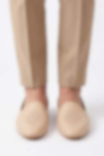 Beige Italian Leather Embroidered Mojaris by Bubber Couture at Pernia's Pop Up Shop