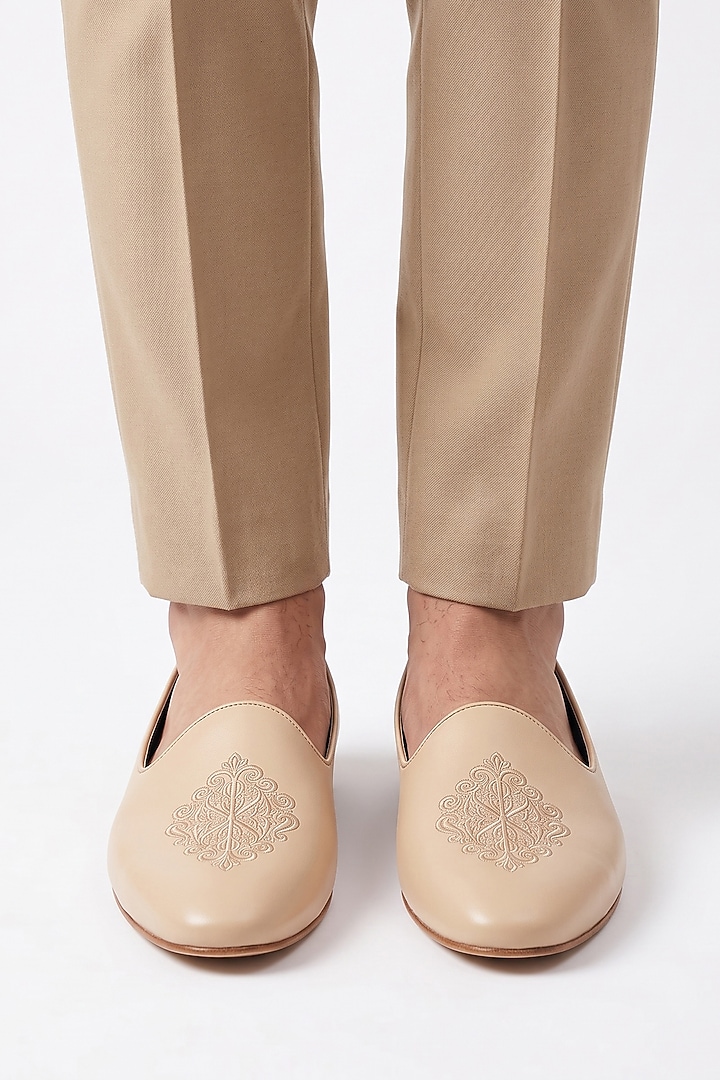 Beige Italian Leather Embroidered Mojaris by Bubber Couture at Pernia's Pop Up Shop
