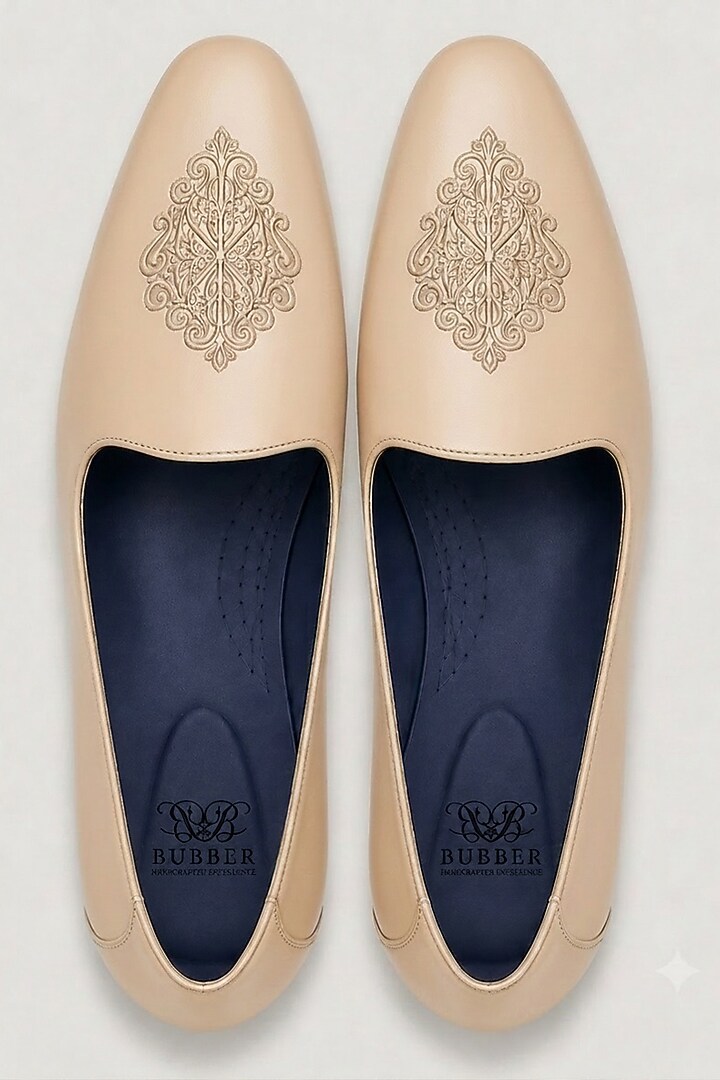 Beige Italian Leather Embroidered Mojaris by Bubber Couture at Pernia's Pop Up Shop