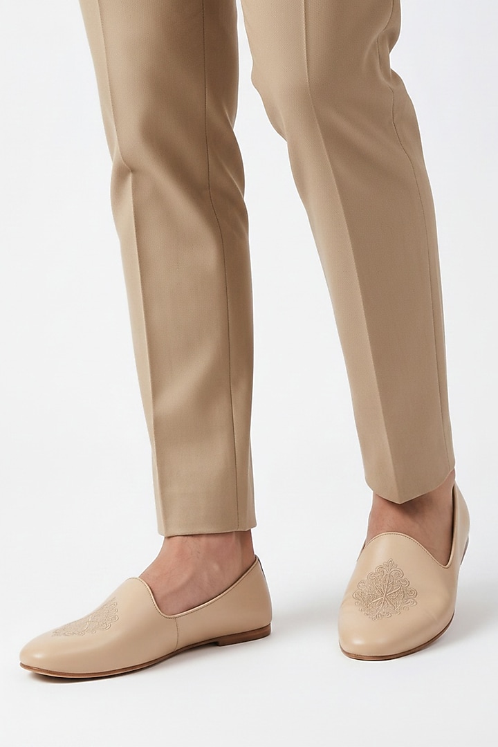 Beige Italian Leather Embroidered Mojaris by Bubber Couture at Pernia's Pop Up Shop