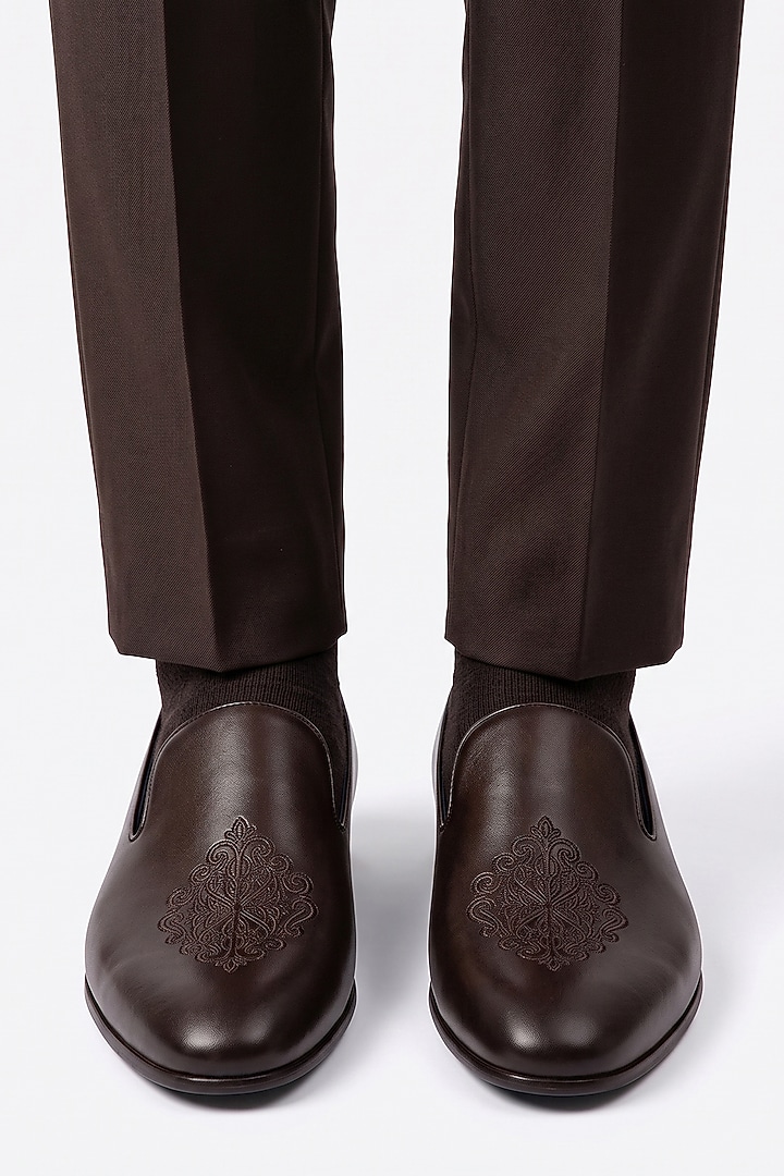 Dark Brown Italian Leather Embroidered Mojaris by Bubber Couture at Pernia's Pop Up Shop