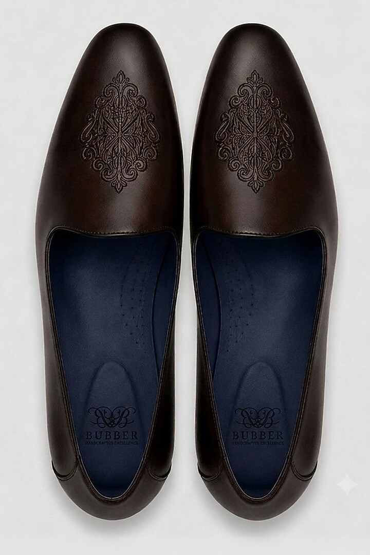 Dark Brown Italian Leather Embroidered Mojaris by Bubber Couture at Pernia's Pop Up Shop