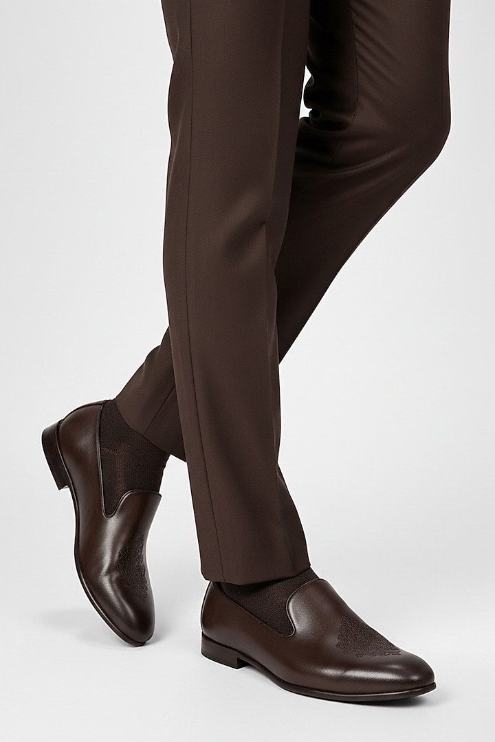 Dark Brown Italian Leather Embroidered Mojaris by Bubber Couture at Pernia's Pop Up Shop