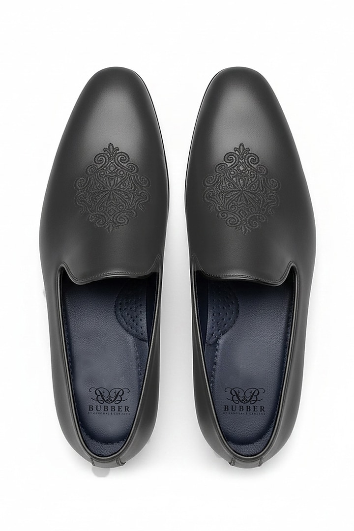 Grey Italian Leather Embroidered Mojaris by Bubber Couture at Pernia's Pop Up Shop