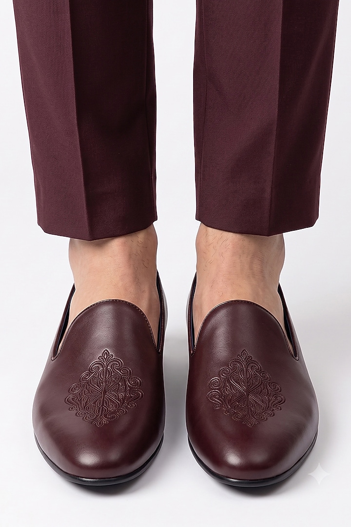 Burgundy Italian Leather Embroidered Mojaris by Bubber Couture at Pernia's Pop Up Shop