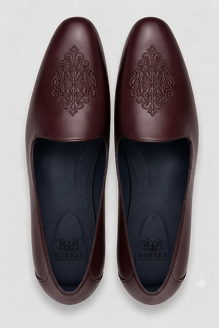 Burgundy Italian Leather Embroidered Mojaris by Bubber Couture at Pernia's Pop Up Shop