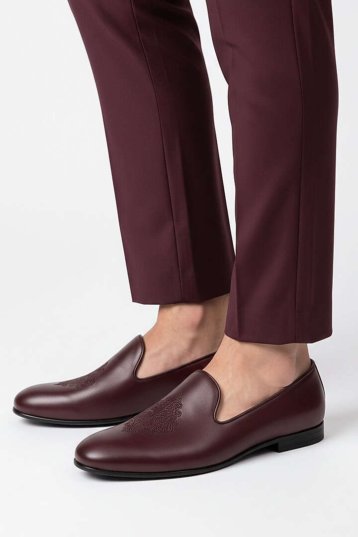 Burgundy Italian Leather Embroidered Mojaris by Bubber Couture at Pernia's Pop Up Shop