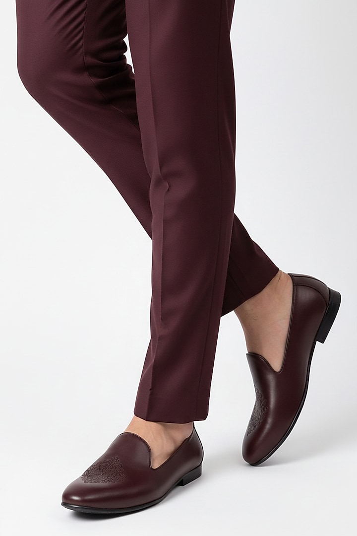 Burgundy Italian Leather Embroidered Mojaris by Bubber Couture at Pernia's Pop Up Shop