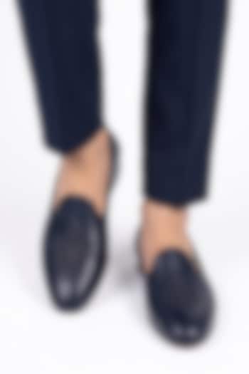 Navy Blue Italian Leather Embroidered Mojaris by Bubber Couture at Pernia's Pop Up Shop