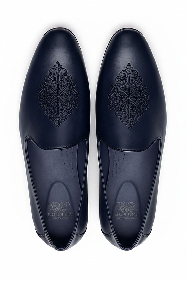 Navy Blue Italian Leather Embroidered Mojaris by Bubber Couture at Pernia's Pop Up Shop