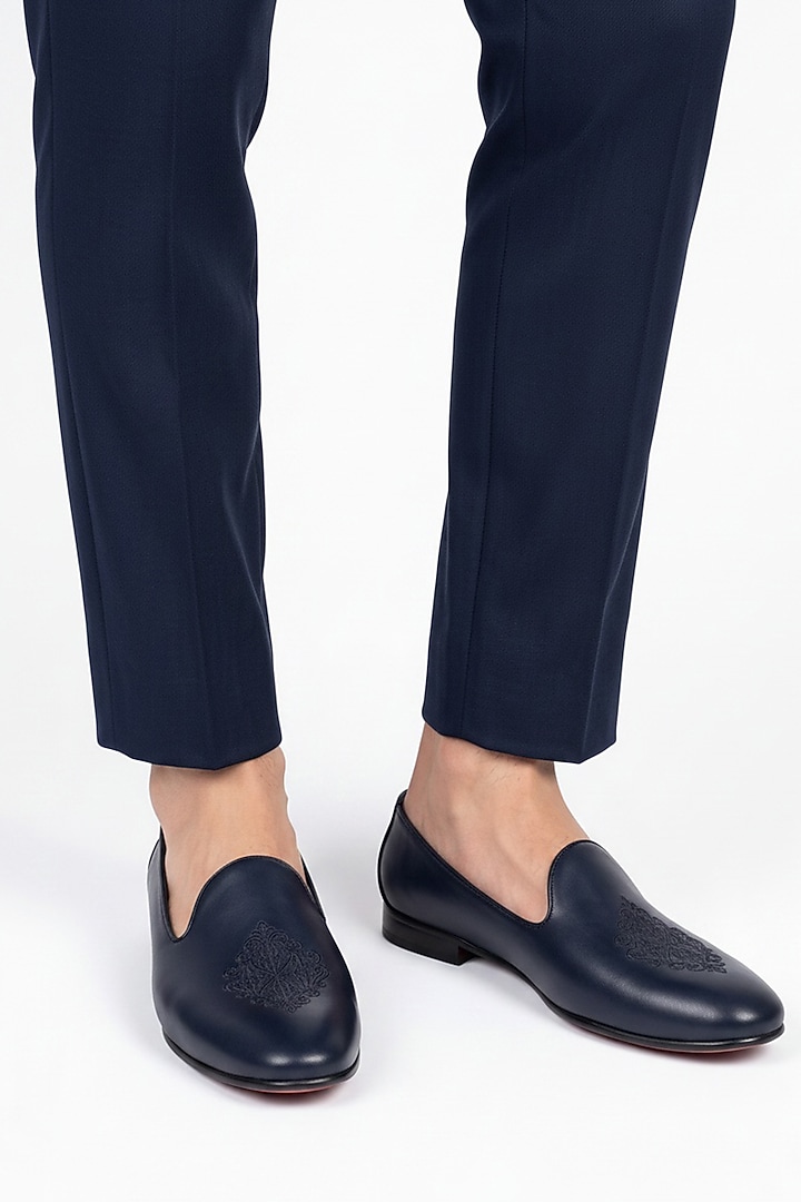 Navy Blue Italian Leather Embroidered Mojaris by Bubber Couture at Pernia's Pop Up Shop