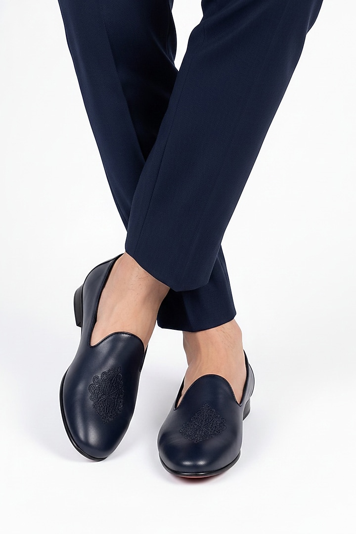 Navy Blue Italian Leather Embroidered Mojaris by Bubber Couture at Pernia's Pop Up Shop