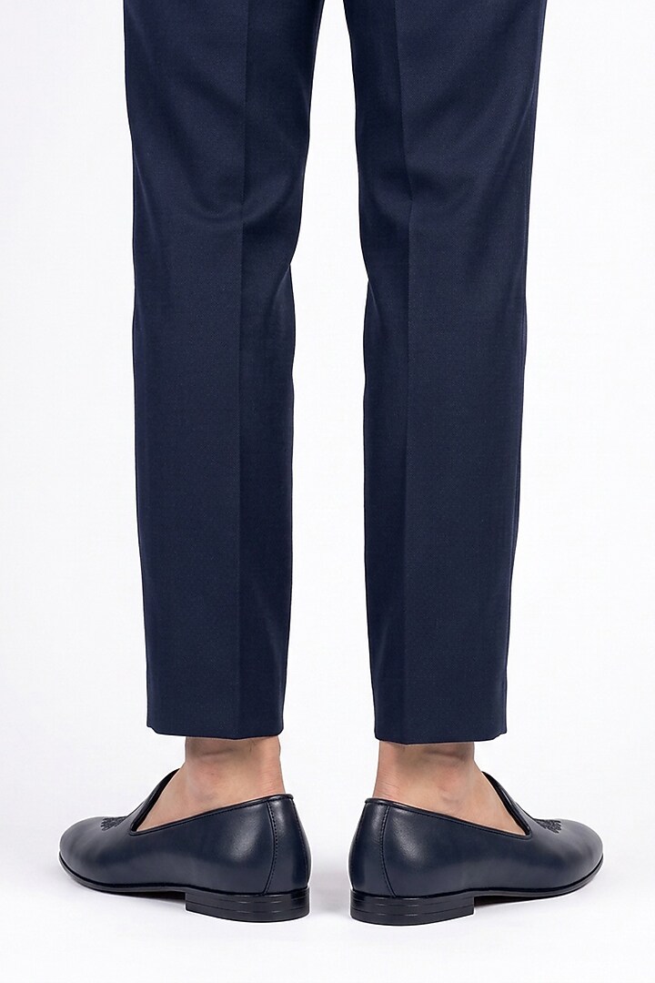 Navy Blue Italian Leather Embroidered Mojaris by Bubber Couture at Pernia's Pop Up Shop