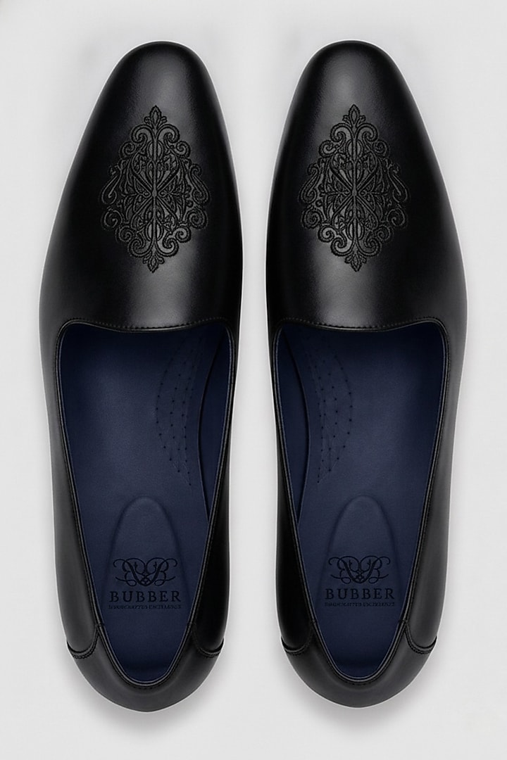 Black Italian Leather Embroidered Mojaris by Bubber Couture at Pernia's Pop Up Shop