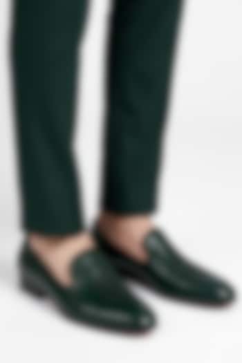 Bottle Green Italian Leather Embroidered Mojaris by Bubber Couture at Pernia's Pop Up Shop