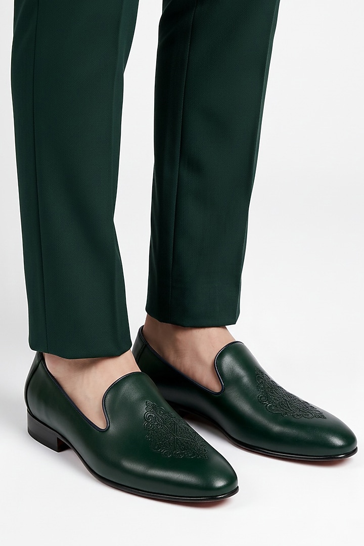 Bottle Green Italian Leather Embroidered Mojaris by Bubber Couture at Pernia's Pop Up Shop