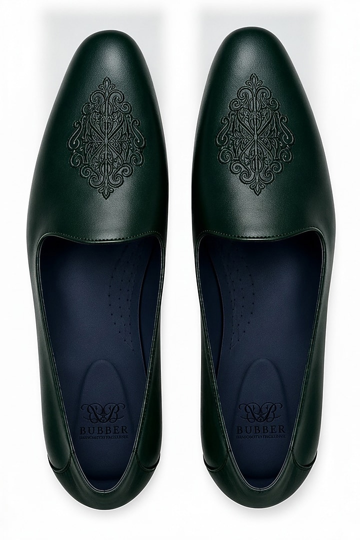 Bottle Green Italian Leather Embroidered Mojaris by Bubber Couture at Pernia's Pop Up Shop