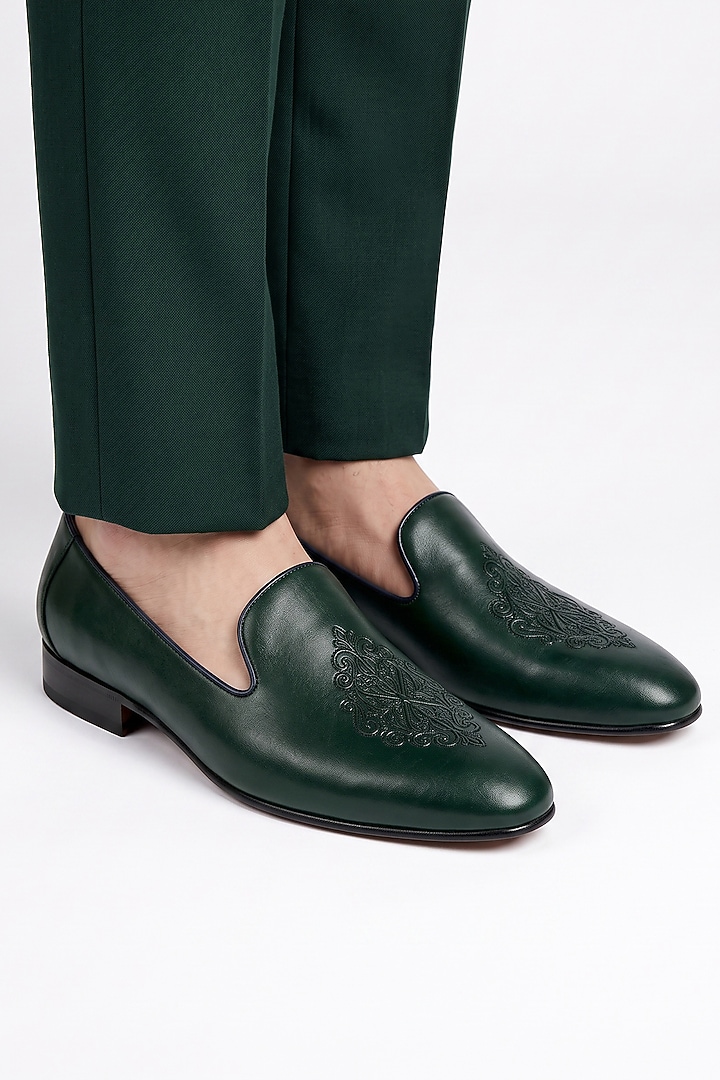 Bottle Green Italian Leather Embroidered Mojaris by Bubber Couture at Pernia's Pop Up Shop