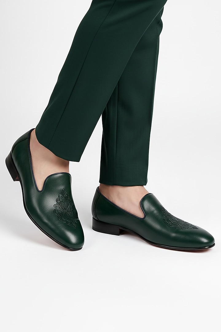 Bottle Green Italian Leather Embroidered Mojaris by Bubber Couture at Pernia's Pop Up Shop