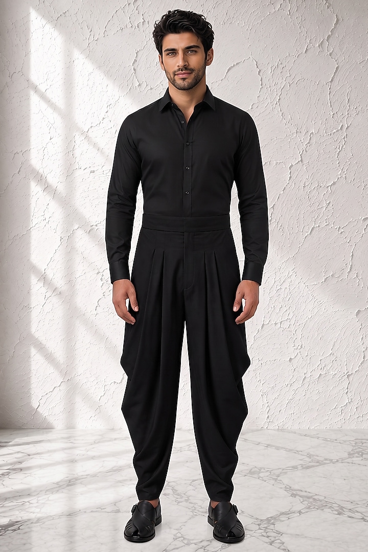 Black Cotton Silk Dhoti Pants by Bubber Couture at Pernia's Pop Up Shop