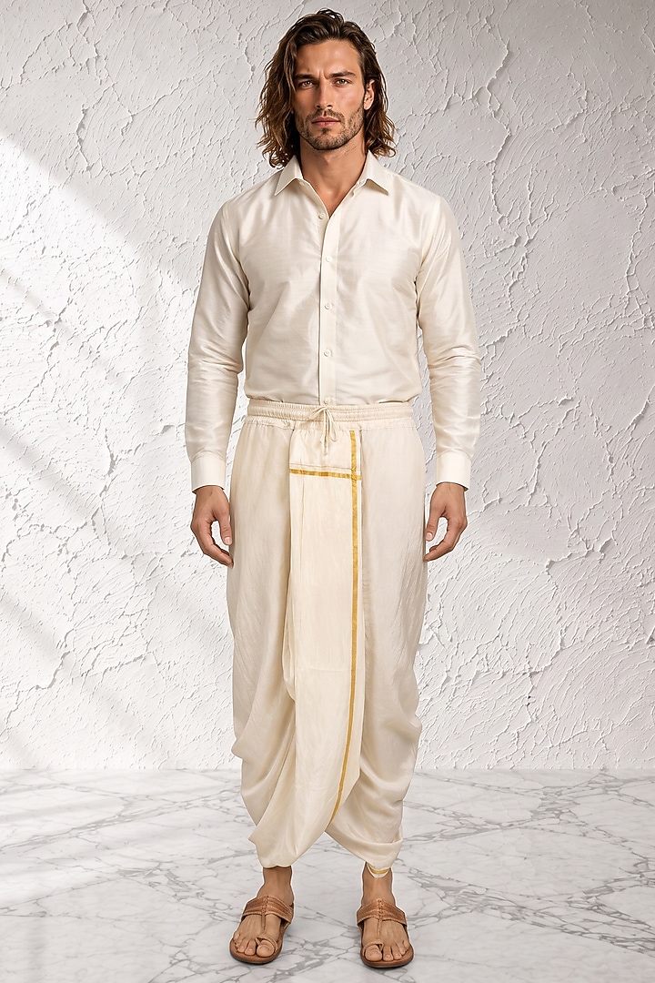 White Cotton Silk Pre-Stitched Dhoti by Bubber Couture at Pernia's Pop Up Shop