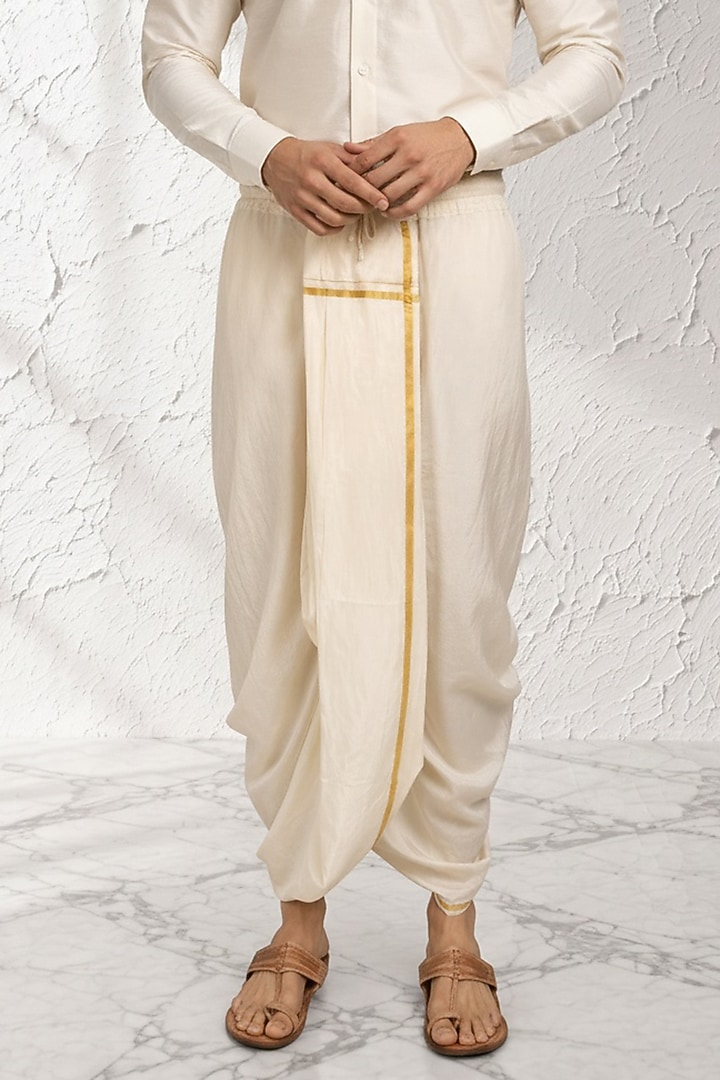 White Cotton Silk Pre-Stitched Dhoti by Bubber Couture at Pernia's Pop Up Shop