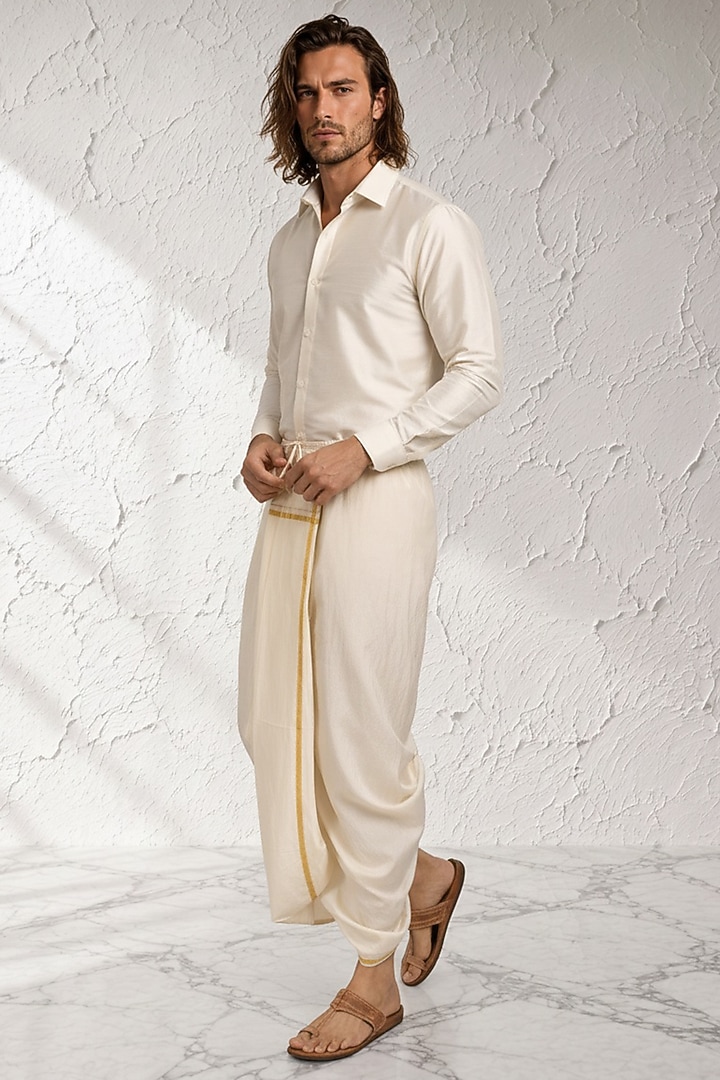 White Cotton Silk Pre-Stitched Dhoti by Bubber Couture at Pernia's Pop Up Shop