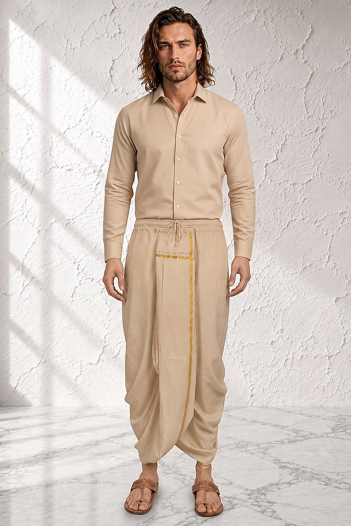 Beige Cotton Silk Pre-Stitched Dhoti by Bubber Couture at Pernia's Pop Up Shop