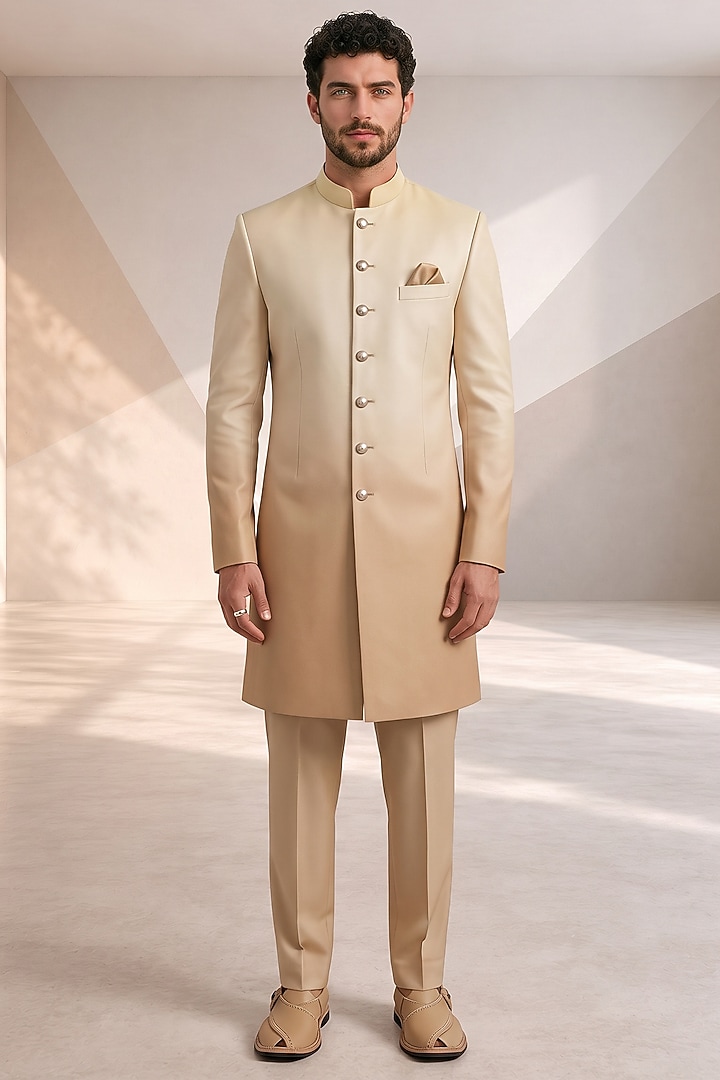 White & Tuscan Beige Ombre Raw Silk Kurta Set by Bubber Couture at Pernia's Pop Up Shop