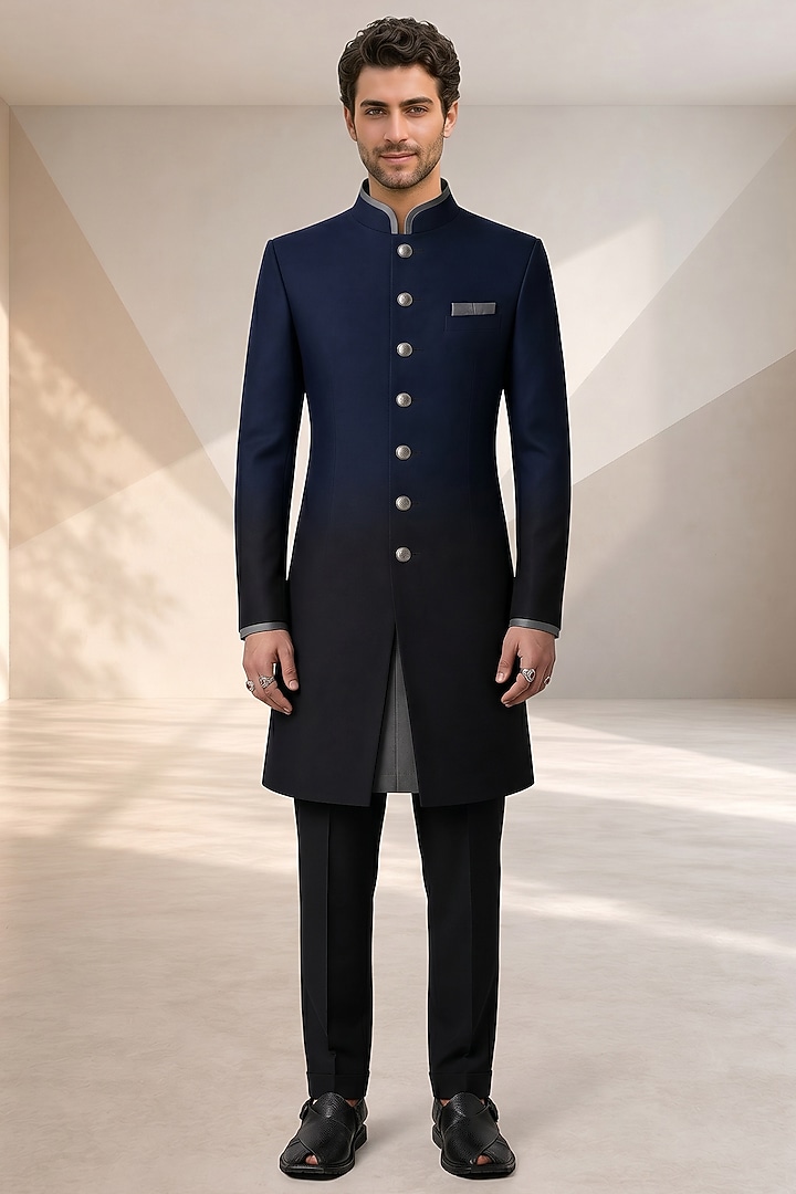 Blue & Black Ombre Raw Silk Kurta Set by Bubber Couture at Pernia's Pop Up Shop