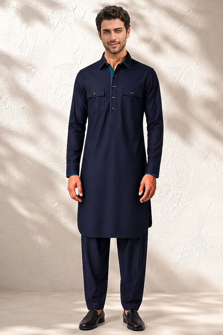Blue Cotton Silk Pathani Kurta Set by Bubber Couture at Pernia's Pop Up Shop