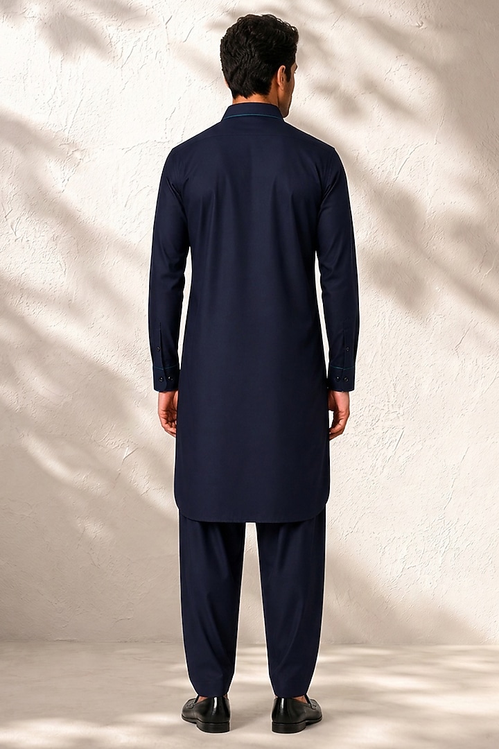 Blue Cotton Silk Pathani Kurta Set by Bubber Couture at Pernia's Pop Up Shop