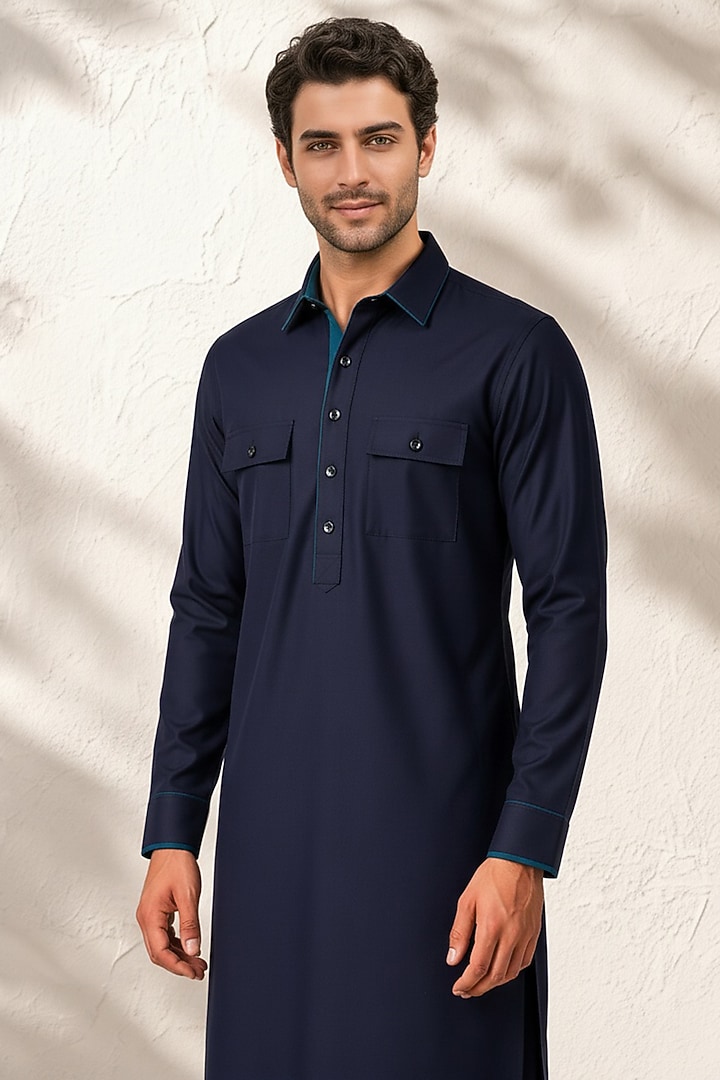 Blue Cotton Silk Pathani Kurta Set by Bubber Couture at Pernia's Pop Up Shop