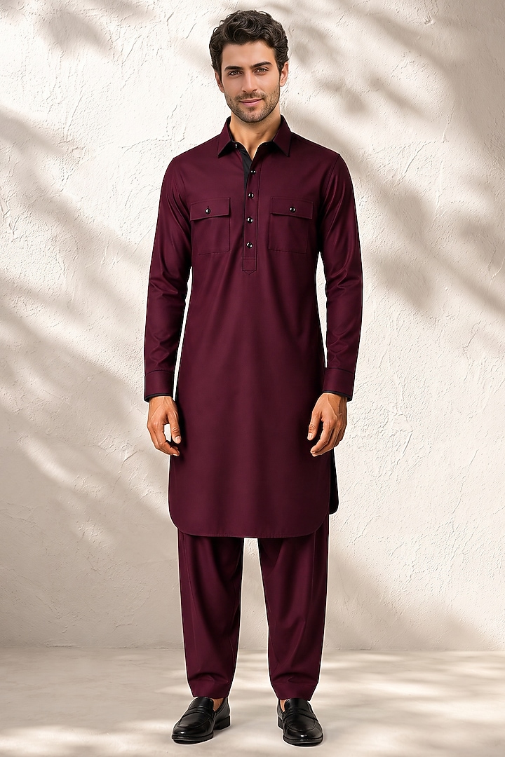 Maroon Cotton Silk Pathani Kurta Set by Bubber Couture at Pernia's Pop Up Shop