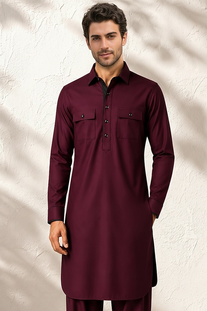 Maroon Cotton Silk Pathani Kurta Set by Bubber Couture at Pernia's Pop Up Shop