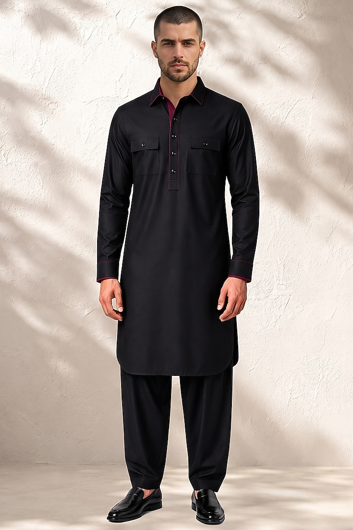 Black Cotton Silk Pathani Kurta Set by Bubber Couture at Pernia's Pop Up Shop