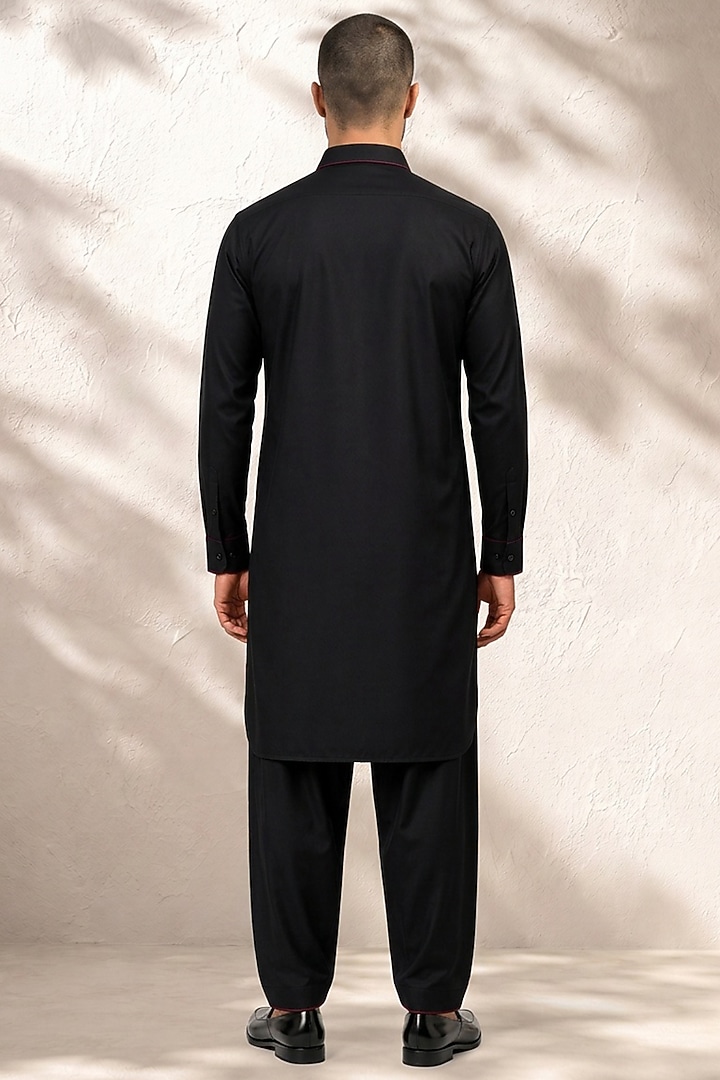 Black Cotton Silk Pathani Kurta Set by Bubber Couture at Pernia's Pop Up Shop