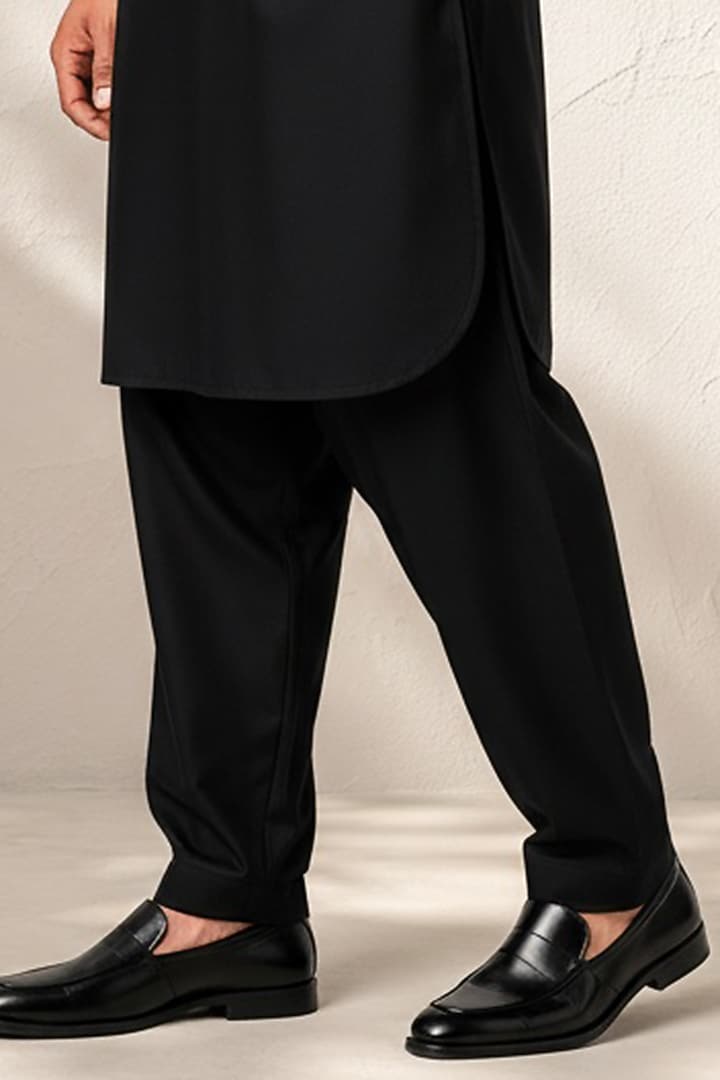 Black Cotton Silk Pathani Kurta Set by Bubber Couture at Pernia's Pop Up Shop
