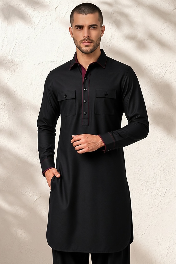Black Cotton Silk Pathani Kurta Set by Bubber Couture at Pernia's Pop Up Shop