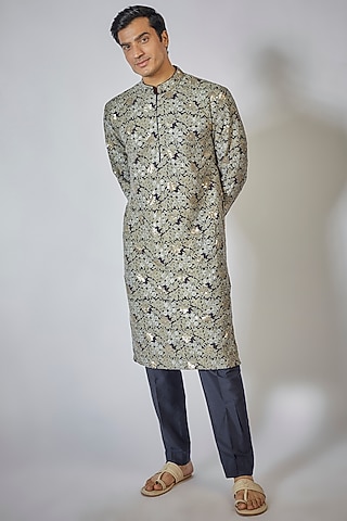 Beige & Navy Floral Printed Kurta Set by Bubber Couture